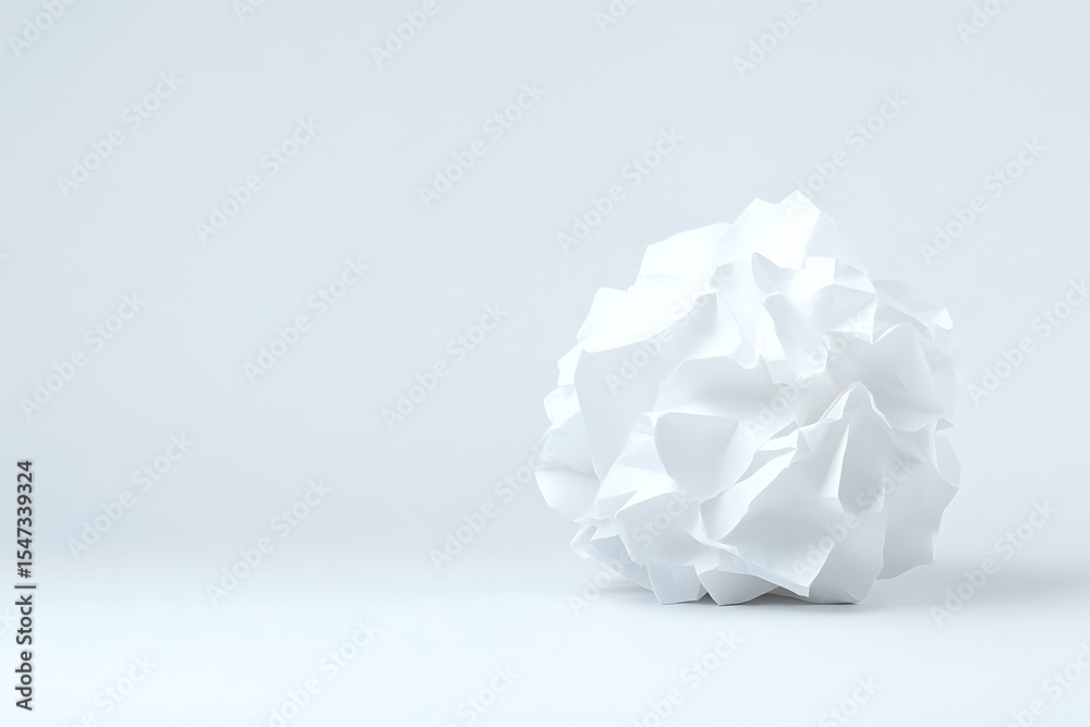 Obraz premium Crumpled white paper ball on light background with copy space, symbolizing creative block, waste, or fresh start in minimalist composition.