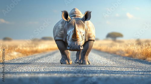 A lone rhinoceros stands on the road in the savannah — a strong visual of wildlife, African safari and environmental protection