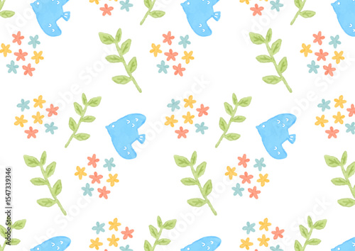 Background illustration of flowers, leaves and birds