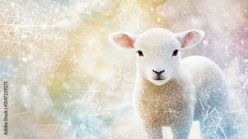 The design features a lamb rendered in stylized geometric shapes and soft pastel tones