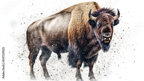 A stylized illustration of a moving bison, created with soft brushstrokes and subdued coloration, is presented