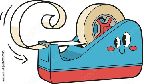 Animated Tape Dispenser with Cheerful Face and Curling Tape Stream