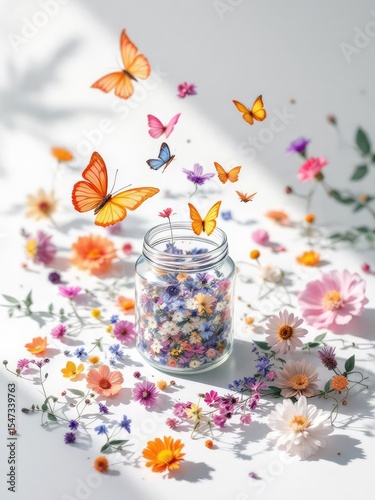 A jar filled with flowers surrounded by loose flowers and butterflies on a white background