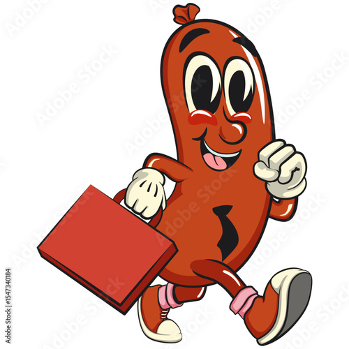 Cheerful sausage cartoon mascot with a suitcase rushing to the office, fun meat snack character illustration, isolated high-quality vector perfect for branding and design use, work of hand drawn