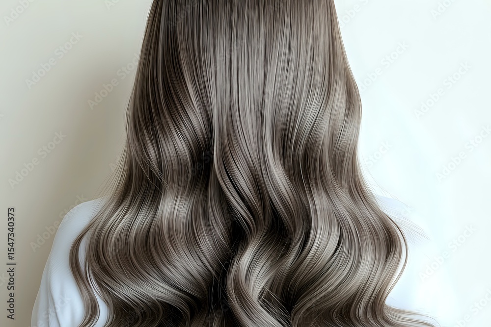Fototapeta premium Back view of long wavy ash brown hair styled in soft Hollywood waves against white background, showcasing modern hair coloring technique and professional styling.