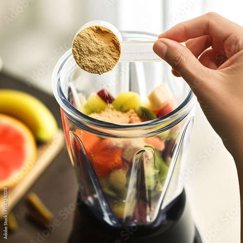 Adding scoop of protein powder or superfood supplement to blender