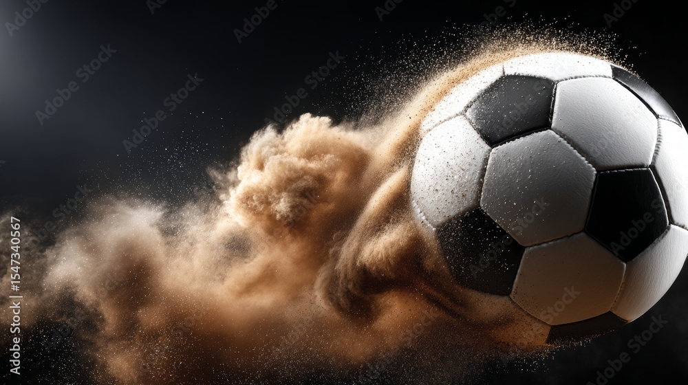 Fototapeta premium A cloud of dust surrounds a soccer ball that has been kicked into the air
