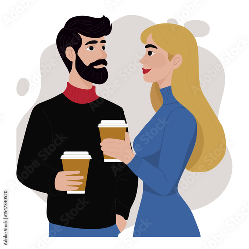 Coffee Stories. Young loving smiling couple man and woman standing holding mugs with hot coffee or tea enjoying time together, vector illustration