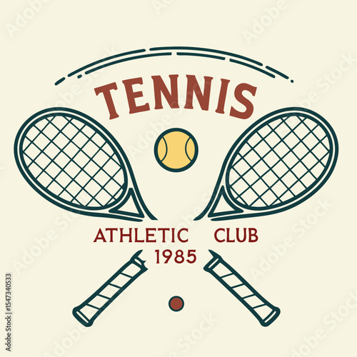 Vintage Tennis Club Logo Design Teal Rackets Yellow Ball Red Text Cream Background Athletic Club 1985