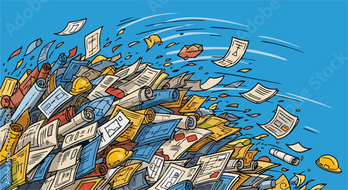 A Colorful Cartoon Pile of Documents and Plans in a Whirlwind