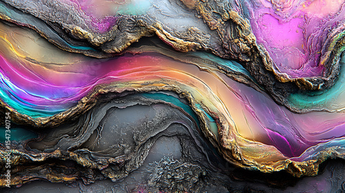Colorful abstract fluid art with gold, pink, purple and turquoise swirls creating dynamic wavy layers and textured marble effect. Modern wall decor background.