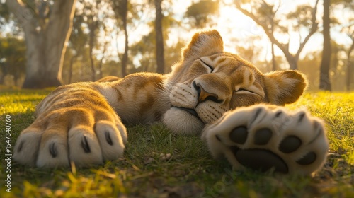 The youthful lion is caught in a languid stretch, its body fully extended in a tranquil and peaceful posture
