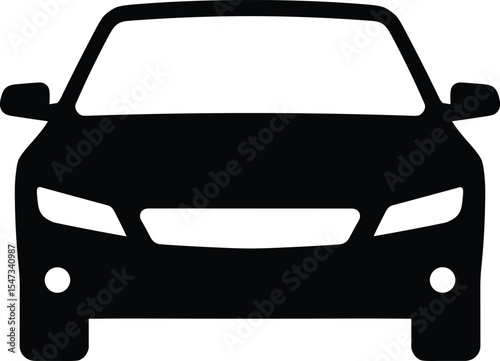 Front view silhouette of modern car, vector graphic for automotive design, transport icon, black sedan clipart, isolated symbol, vehicle illustration for commercial use
