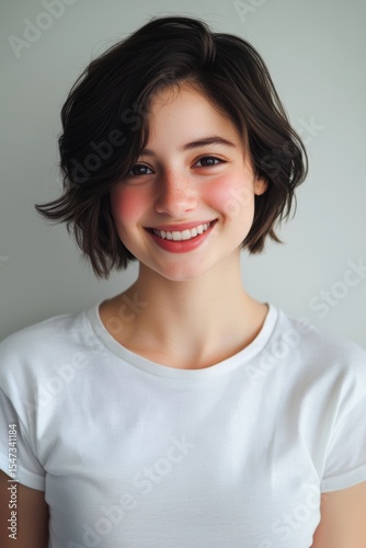 Wallpaper Mural Smiling young woman with short hair in casual white shirt posing for portrait indoors, expressing happiness and confidence, lifestyle and beauty concept. Torontodigital.ca