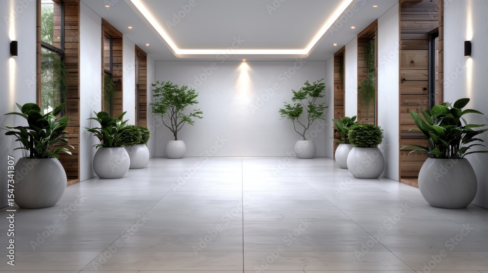 Fototapeta premium This modern interior features a minimalistic design with potted plants, illustrating tranquility, simplicity, and the fusion of nature within contemporary living spaces.