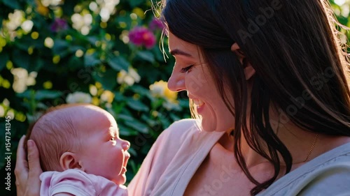 Young woman smiling while holding baby outdoors in garden, symbolizing motherhood, unconditional love, bonding, parenting joy, early childhood, family values, and nurturing care in a natural setting