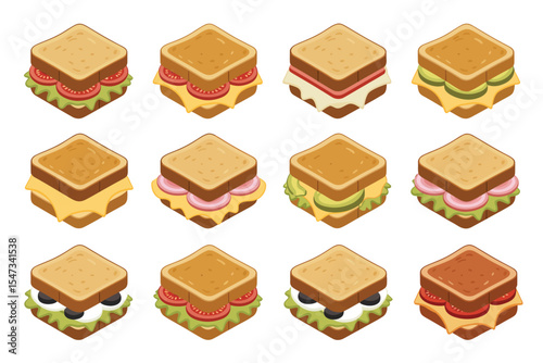 Twelve Isometric Illustrations of Delicious Sandwiches