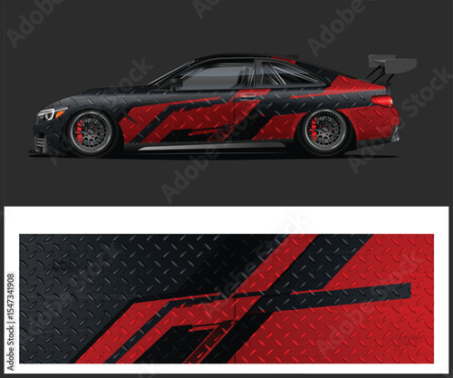 Sleek Black and Red Racing Car Wrap Design with Diamond Plate Texture