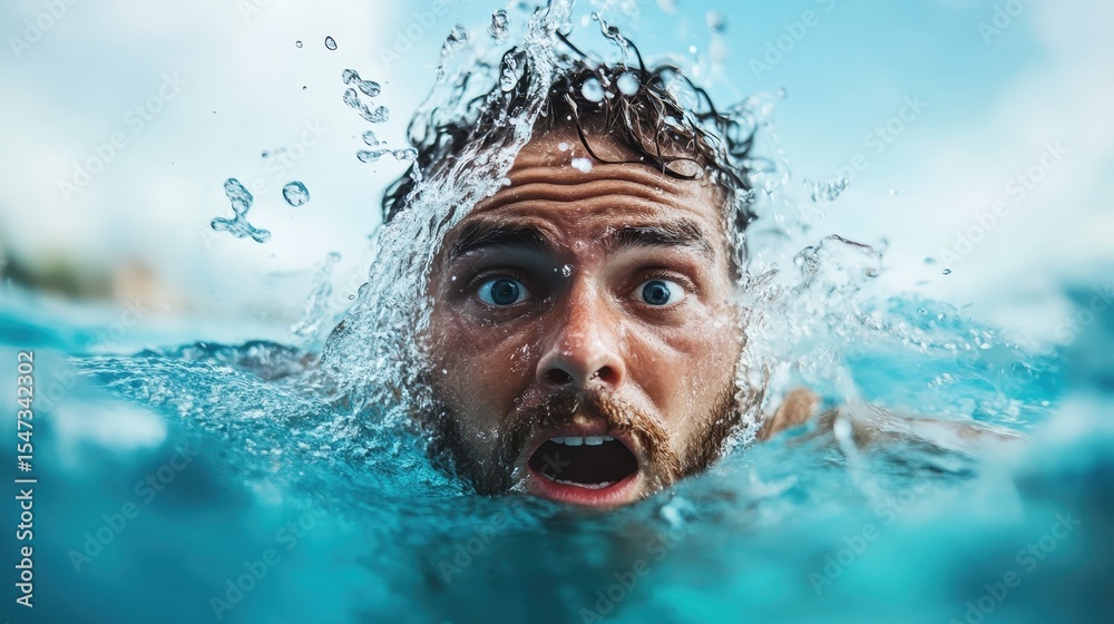 Fototapeta premium A man with an expression of fear and surprise emerges from the water, surrounded by splashes and bright blue hues, conveying a sense of urgency and emotion in a candid moment.