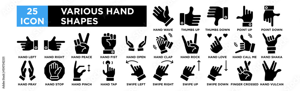 Obraz premium various hand shapes icon collection set. Hand Wave, Hand Thumbs Up, Hand Thumbs Down, Hand Point Up, Hand Point Down