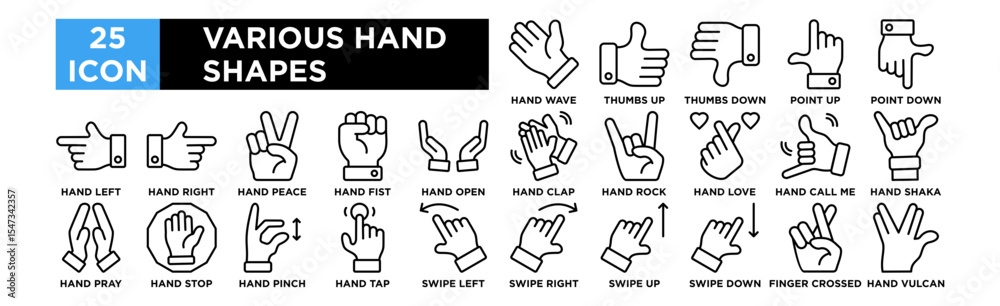 Fototapeta premium various hand shapes icon collection set. Hand Wave, Hand Thumbs Up, Hand Thumbs Down, Hand Point Up, Hand Point Down