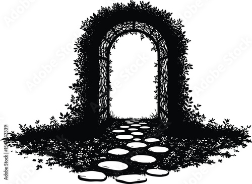Garden arch with stone path, nature silhouette vector illustration, leafy trellis entrance design, outdoor greenery frame, black and white botanical walkway scene for landscape decor