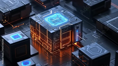 Futuristic digital circuit board showcasing glowing processors and intricate connections in a tech environment