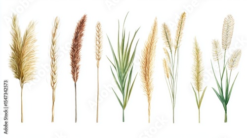 Depiction of multiple ornamental grass varieties with corresponding labeled names