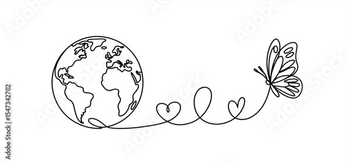 One Line Drawing Earth Butterfly Love Concept