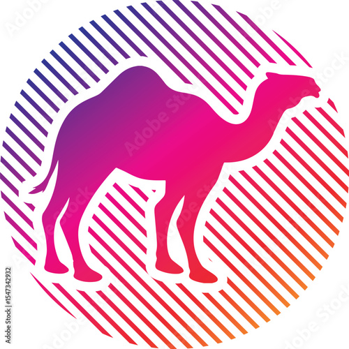 camel in a desert setting with mountains, palm trees, and a distant settlement under a setting sun sketch engraving generative ai vector illustration.