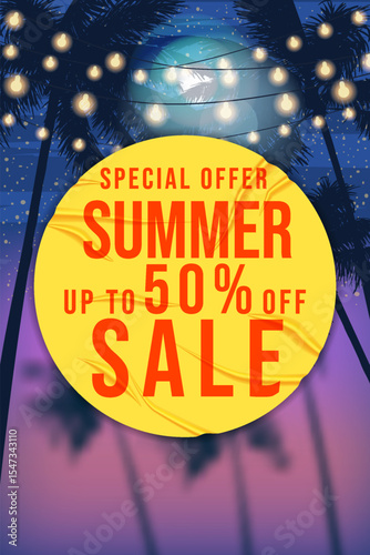 Summer Sale Template poster. Yellow sticker with wrinckles