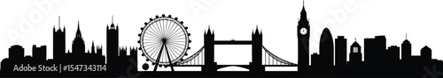 London city skyline silhouette with Tower Bridge, Big Ben, London Eye, iconic buildings, detailed vector illustration for travel, architecture, urban design, tourism concept