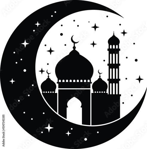 Islamic mosque silhouette design with crescent moon and stars, elegant black and white artwork for Ramadan, Eid celebrations, Muslim art, and festive decor