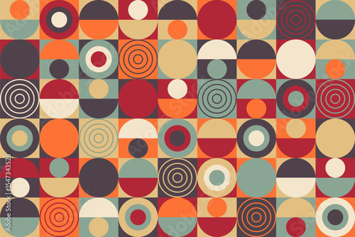 A vibrant retro-style geometric pattern featuring colorful circles, half-circles, and concentric rings in a seamless grid layout with bold, earthy tones.