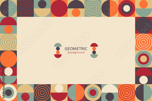 A modern geometric background with retro-style circular patterns as a frame and a minimalist beige space with text at the center, ideal for creative design layouts.