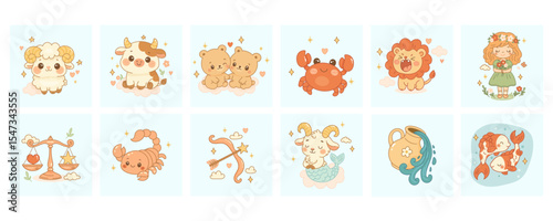 Zodiac sign collection, set of twelve cute illustrations