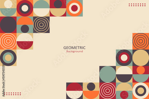 A modern geometric background with retro-style circular patterns at the corners and a minimalist beige space with text at the center, ideal for creative design layouts.