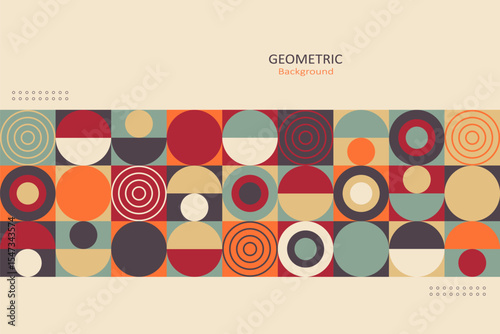 A modern geometric background with retro-style circular patterns at the center and a minimalist beige space with text, ideal for creative design layouts.