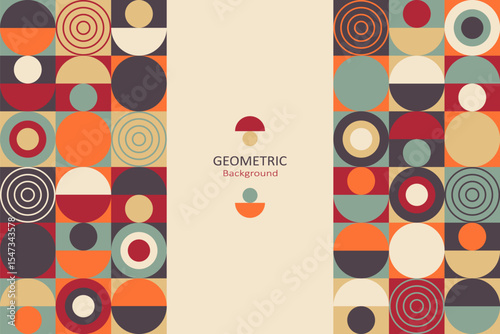A modern geometric background with retro-style circular patterns as a frame and a minimalist beige space with text at the center, ideal for creative design layouts.
