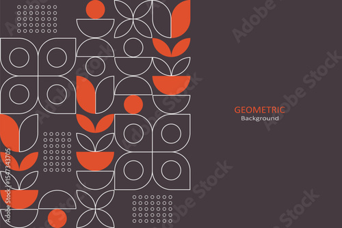A modern geometric pattern in brown, white, and orange, featuring minimalist lines, circles, and flowers, arranged with copy space, ideal for creative design layouts.