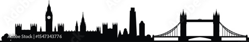 London skyline silhouette vector illustration, featuring Big Ben, Tower Bridge, UK architecture, historical buildings, famous landmarks, black cityscape design for tourism and editorial use
