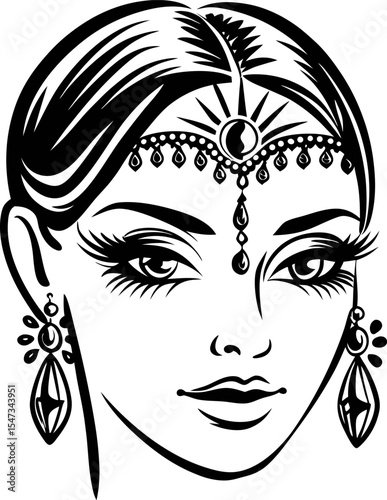 Elegant ornamental womans face with intricate jewelry and expressive eyes in detailed black line art illustration