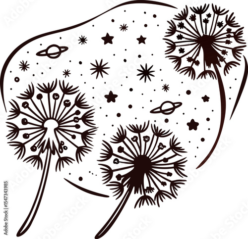 Stylized dandelion seed heads blowing in breeze with cosmic stars and planets in whimsical illustration