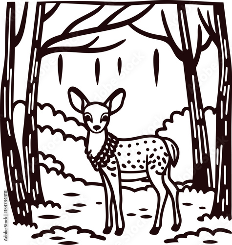 Young spotted deer standing in forest clearing, black and white woodland illustration, hand drawn