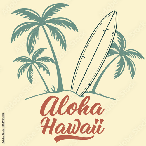 Vintage Style Surfboard Illustration with Palm Trees Aloha Hawaii Text Teal and Burnt Orange Color Scheme Beach Scene