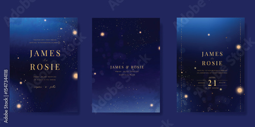 Luxury invitation card design vector set. Elegant wedding card with little star, moon, sun and space decorative on watercolor navy blue background. Design illustration for cover, poster, gala.