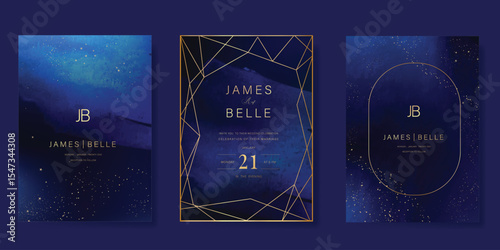 Luxury invitation card design vector set. Elegant wedding card with little star, geometric shapes and space decorative on watercolor navy blue background. Design illustration for cover, poster, gala.