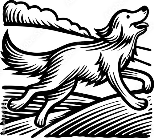 Joyful golden retriever running outdoors in woodcut engraving with flowing fur and cheerful expression