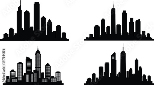 Modern city skyline silhouette vector set, urban buildings, skyscrapers, real estate, cityscape illustration, high-rise tower, black and white graphic design, architecture