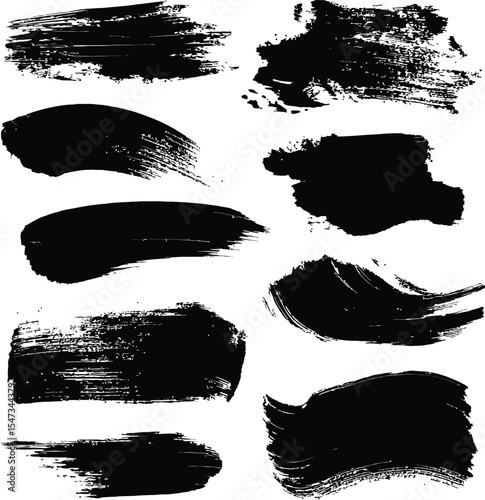 Silhouette icon set of nine bold black brush strokes with varied textures and shapes in a clean 3x3 grid on white background